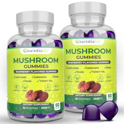 Essentialife Mushroom Gummies Lions Mane Supplement Mushroom Supplement with Lions Mane, Turkey Tail, Cordyceps, Reishi, Chaga Extract Brain Health and Immune Support Gummies, 120 Count