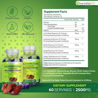 Essentialife Mushroom Gummies Lions Mane Supplement Mushroom Supplement with Lions Mane, Turkey Tail, Cordyceps, Reishi, Chaga Extract Brain Health and Immune Support Gummies, 120 Count