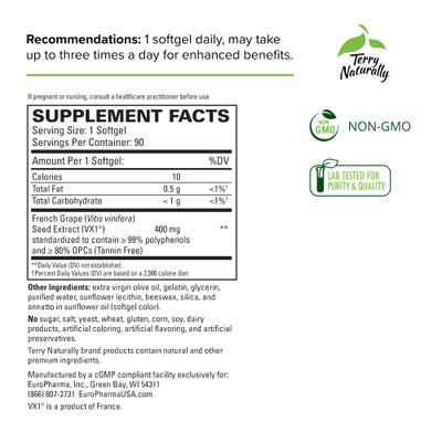 Terry Naturally - Clinical OPC ES 400 mg - Superior French Grape Extract Supplement - 90 Softgels