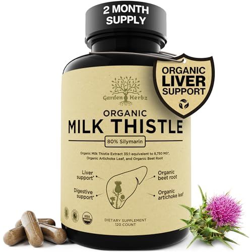 Garden of Herbz Organic Milk Thistle Supplement 80 Silymarin - 250 mg with Beet Root &amp; Artichoke Leaf Extract - Herbal Formula for Liver and Digestive Support, 120 Capsules