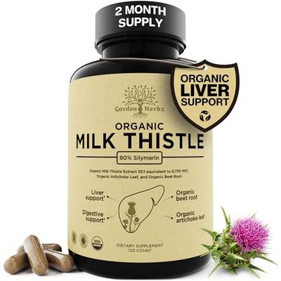 Garden of Herbz Organic Milk Thistle Supplement 80 Silymarin - 250 mg with Beet Root &amp; Artichoke Leaf Extract - Herbal Formula for Liver and Digestive Support, 120 Capsules