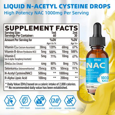 Liquid NAC Drops 1000MG, NAC Supplement N-Acetyl Cysteine with Alpha Lipoic Acid for Adults & Kids, Immune System & Antioxidant Support, Liver & Lung Health, Natural Lemon Flavor, Sugar Free, 2FL OZ