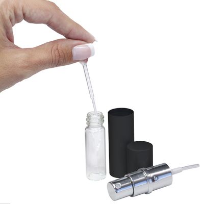 Refillable Perfume & Cologne Fine Mist Atomizers with Metallic Exterior & Glass Interior - 5ml Portable Travel Size - 3ml Squeeze Transfer Pipette Included 2 Pack, Silver & Black