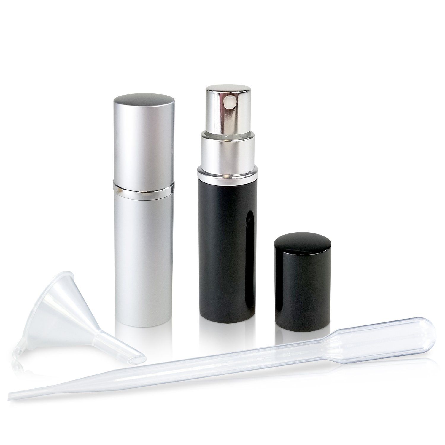 Refillable Perfume &amp; Cologne Fine Mist Atomizers with Metallic Exterior &amp; Glass Interior - 5ml Portable Travel Size - 3ml Squeeze Transfer Pipette Included 2 Pack, Silver &amp; Black