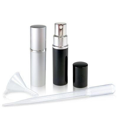 Refillable Perfume &amp; Cologne Fine Mist Atomizers with Metallic Exterior &amp; Glass Interior - 5ml Portable Travel Size - 3ml Squeeze Transfer Pipette Included 2 Pack, Silver &amp; Black