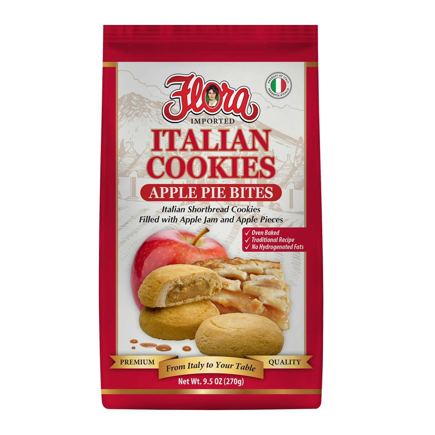 Flora Italian Cookies Apple Pie Bites - Authentic Italian Shortbread Cookies Filled with Apple Jam &amp; Pieces - Traditional Recipe, No Hydrogenated Fats - 9.5 oz 270g