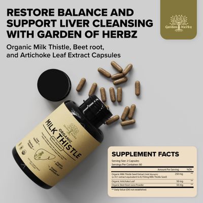 Garden of Herbz Organic Milk Thistle Supplement 80 Silymarin - 250 mg with Beet Root & Artichoke Leaf Extract - Herbal Formula for Liver and Digestive Support, 120 Capsules