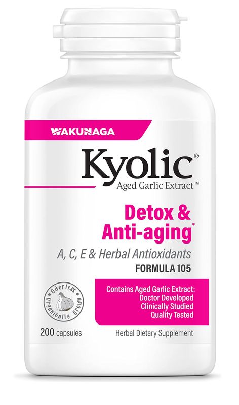 Kyolic Aged Garlic Extract Formula 105, Detox &amp; Anti-Aging, 200 Capsules Packaging May Vary