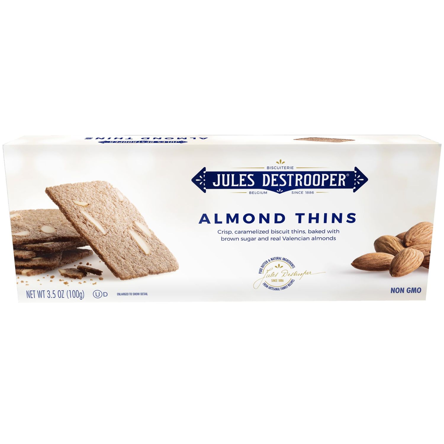 Jules Destrooper Almond Thins - Caramelized Butter Biscuits, Kosher Dairy, Authentic Made In Belgium - 3.5oz