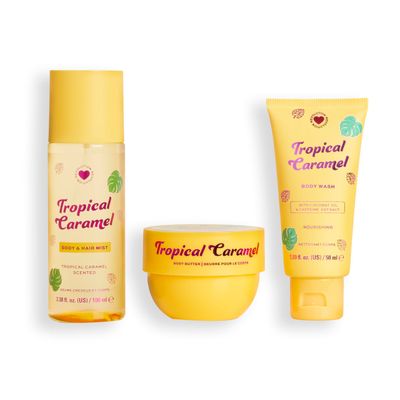 I Heart Revolution, Tropical Caramel Bath &amp; Body Gift Set, Body Wash, Cream, Hair &amp; Skin Mist, Travel Size Shower Kit, Cruelty-Free &amp; Vegan, 3 Product Set