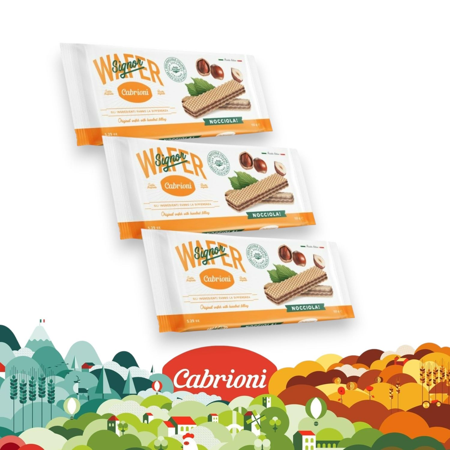 Cabrioni Italian Hazelnut Signor Wafer- Delicious Wafer Sticks with Light &amp;Crunchy, Palm Oil-Free, Filled with Rich Vanilla Cream- Italian Cookies Made with Natural Ingredients-3 Pack -5.29 oz 150 g