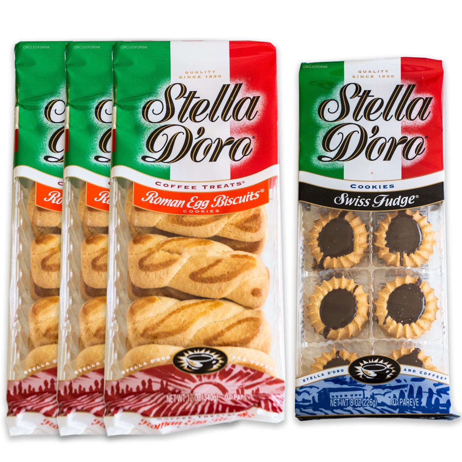 Stella D&#39;oro Roman Egg Biscuits 3, 12oz packs - Variety Pack - Swiss Fudge 1, 8oz pack - Old Fashioned Gourmet Italian Cookies - 4 Items Total