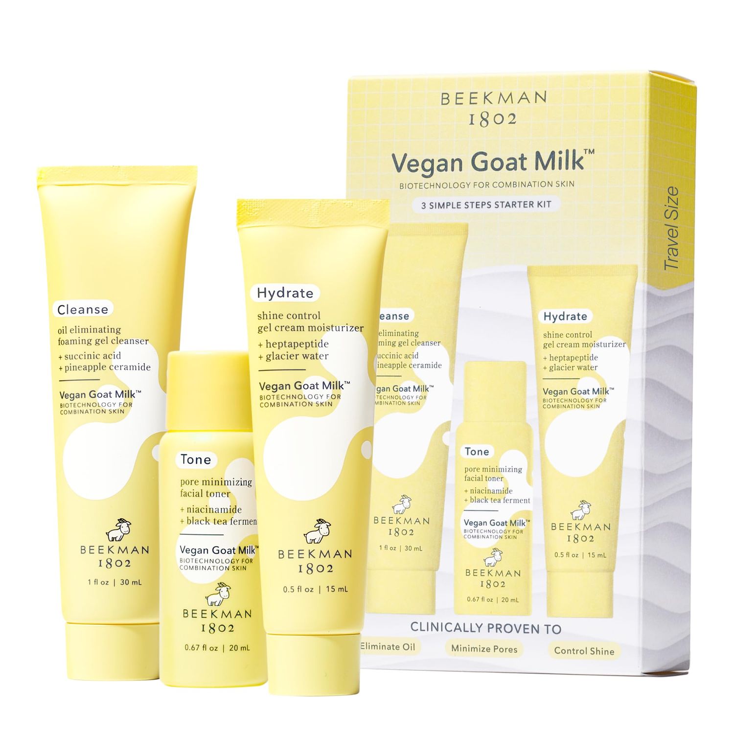 Beekman 1802 Oily Combination Skin 3-Step Kit - Non-Comedogenic - Travel Size - Cleanses &amp; Improves Skin Barrier - With BioMilk, 1 Heptapeptide &amp; 2 Niacinamide - Good for Sensitive Skin