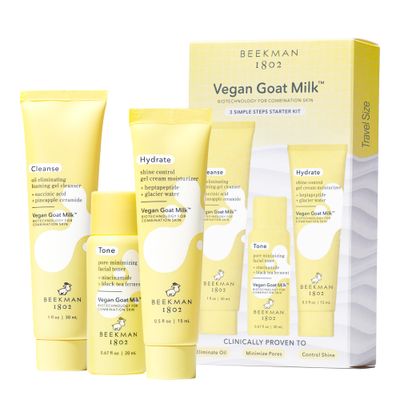 Beekman 1802 Oily Combination Skin 3-Step Kit - Non-Comedogenic - Travel Size - Cleanses &amp; Improves Skin Barrier - With BioMilk, 1 Heptapeptide &amp; 2 Niacinamide - Good for Sensitive Skin