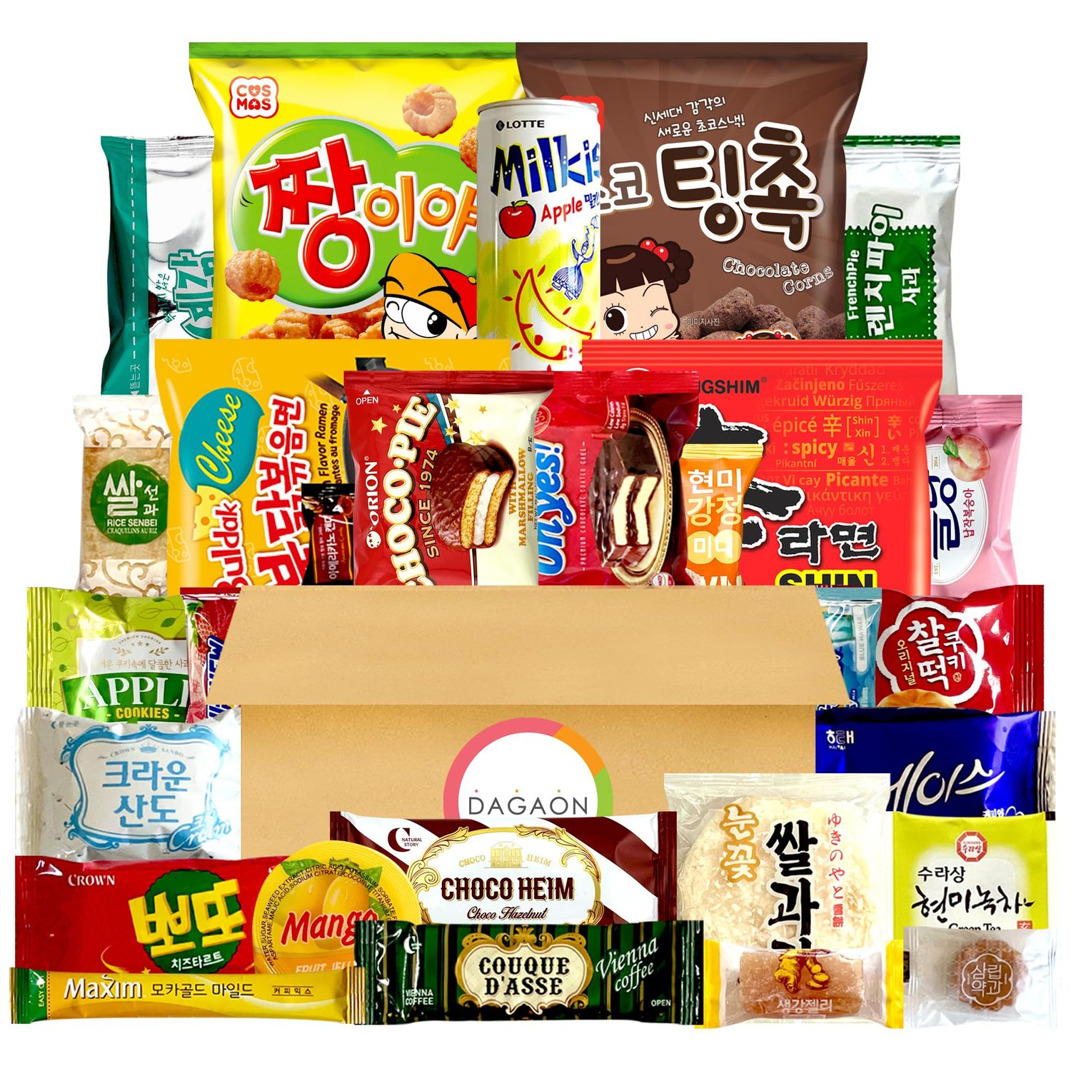 Dagaon Delightful Korean Snack Box 28 Count - Tasty Korean Snacks and Foods Including Chips, Biscuits, Cookies, Pies, Candies, Drinks, Ramen Noodles. Assortment of Korean treats and foods for every...