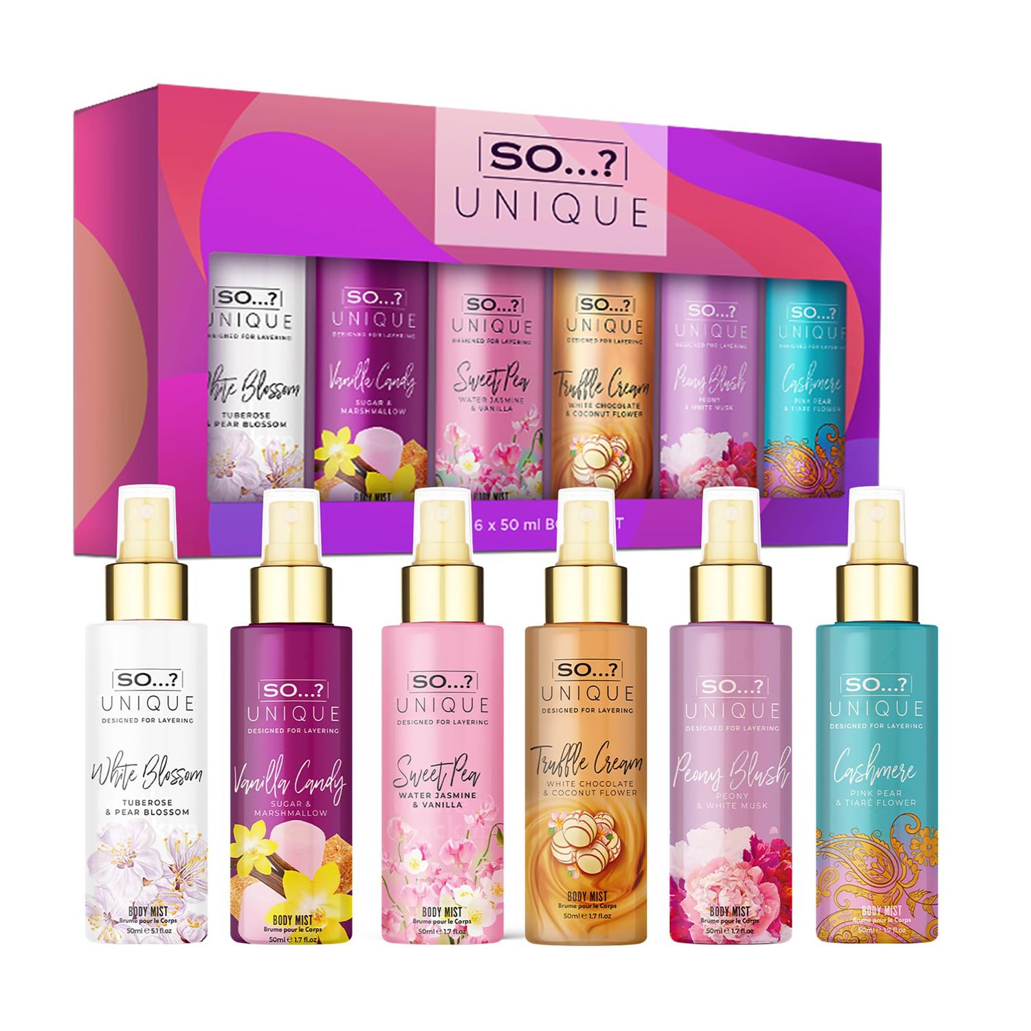 So? Unique Body Mist Set - Perfumes for Women with Fresh, Floral, Sweet Scents - 6 Hour Wear Body Spray for Women - Travel Size Gift Set - 6 pcs