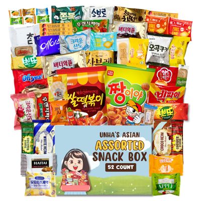 Korean Snack Box Variety Pack - 50 Count Individual Wrapped Gift Care Package Bundle Sampler Assortment Mix Candy Chips Cookies Treats for Kids Children College Students Adult