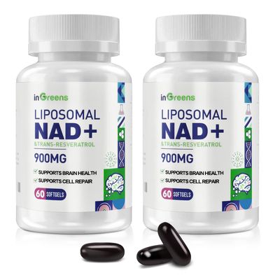 900 mg Liposomal NAD Supplement with Trans Resveratrol 300 mg, Replaces NMN, Superior Absorption, True NAD Plus Supplement for DNA Repair and Boost NAD, Aging Defense, Energy, 120 Softgels, 2 Pack