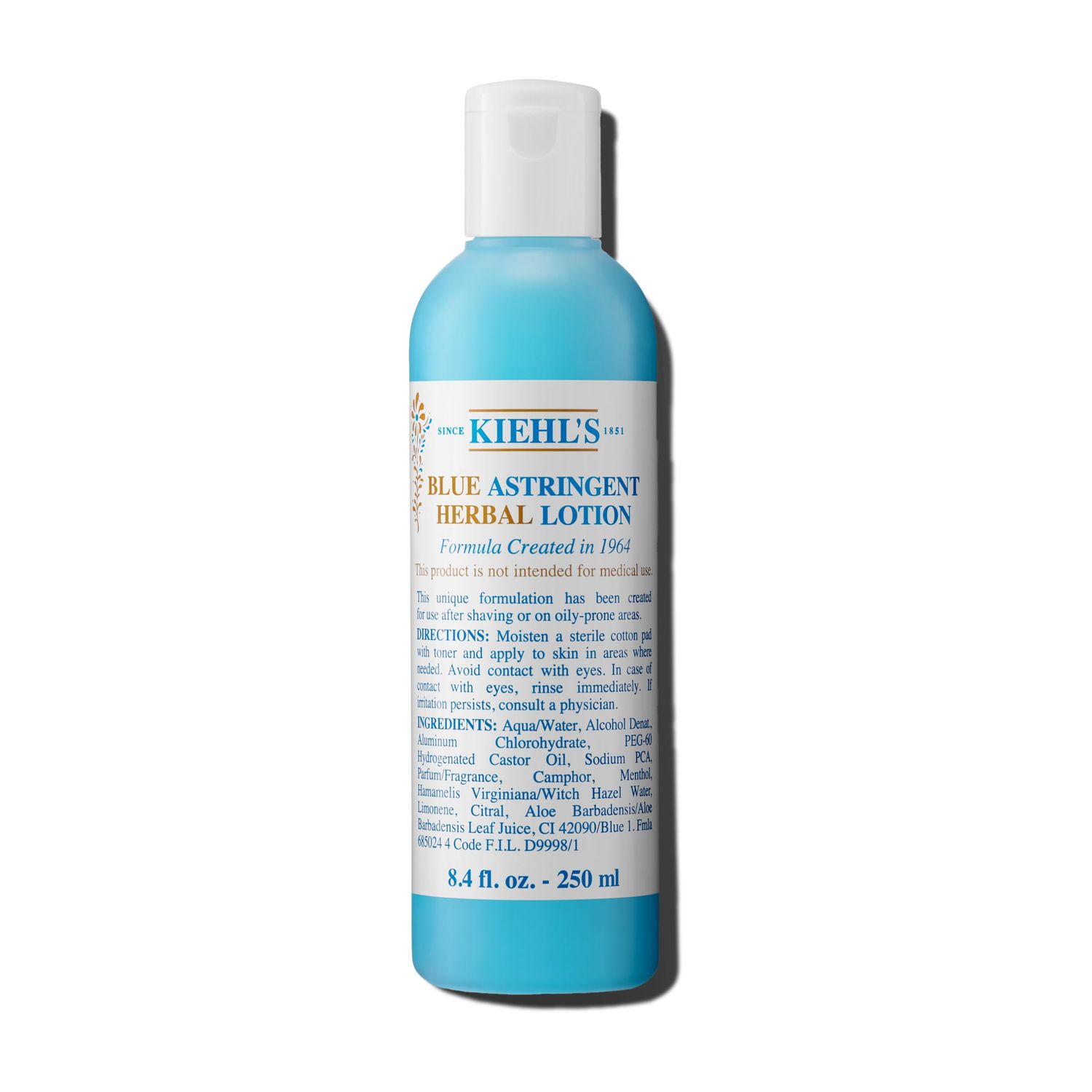 Kiehl&#39;s Blue Astringent Herbal Lotion, Soothing Facial Toner for Oily Skin, Instant Refreshing Spot Treatment &amp; Men&#39;s Aftershave Lotion, Soothes &amp; Balances Skin, with Menthol &amp; Camphor - 8.4 fl oz