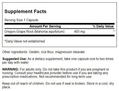 Swanson Full Spectrum Oregon-Grape Root 400 Milligrams 60 Capsules