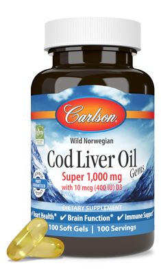 Carlson - Cod Liver Oil, Super 1000 mg Vitamins A &amp; D3, Wild Norwegian, Sustainably Sourced, 100 Softgels