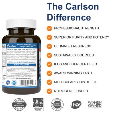 Carlson - Cod Liver Oil, Super 1000 mg Vitamins A &amp; D3, Wild Norwegian, Sustainably Sourced, 100 Softgels