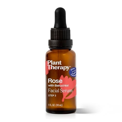 Plant Therapy Rose with Bakuchiol Facial Serum 1 oz with Rose Extract, Rosehip Seed Oil, and Carrot Seed Oil, Reduces the Appearance of Fine Lines &amp; Wrinkles
