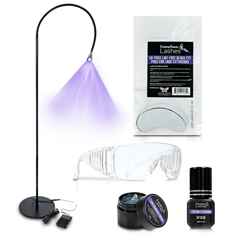 Existing Beauty Lashes UV Lamp for Lashes Kit: Includes UV Lamp with Foot Pedal, Extension Glue &amp; Remover, Protective Goggles, Lint-Free Black Eye Pads - Essential for Applying and Curing UV Lash Glue