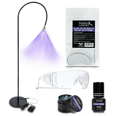 Existing Beauty Lashes UV Lamp for Lashes Kit: Includes UV Lamp with Foot Pedal, Extension Glue &amp; Remover, Protective Goggles, Lint-Free Black Eye Pads - Essential for Applying and Curing UV Lash Glue