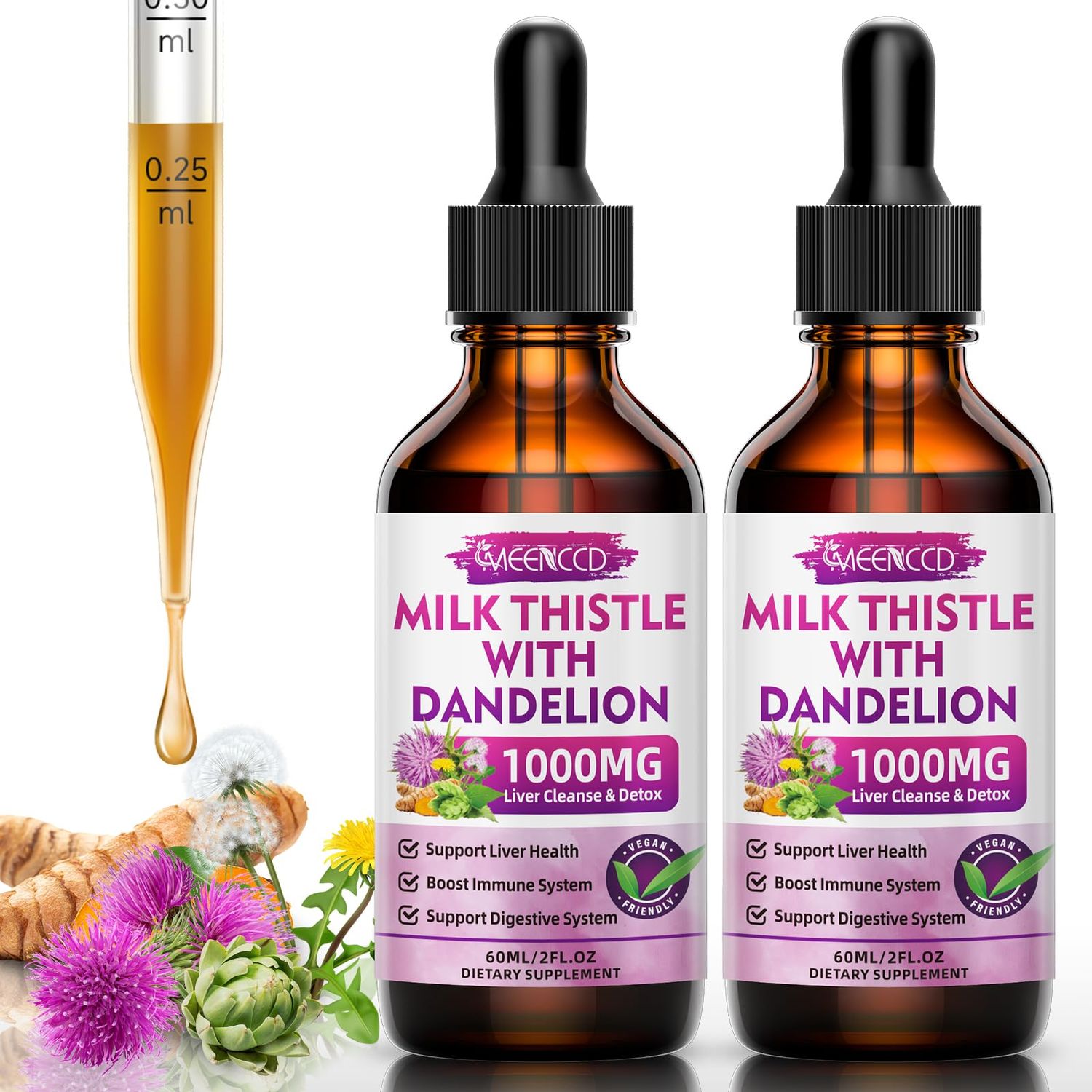 MEENCCD 2 Pack Milk Thistle Liquid Drops - Liver Cleanse Detox &amp; Repair - 1000mg Milk Thistle Supplement for Liver Support, Silymarin Liver Supplement for Liver Health, Vegan, Non-GMO, 4 Fl Oz