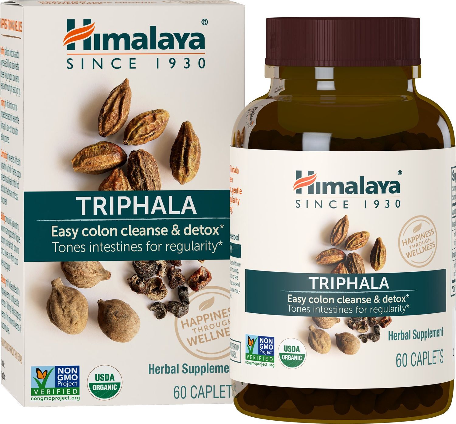Himalaya Organic Triphala, 2 Month Supply, for Colon Cleanse, Detox &amp; Occasional Constipation, USDA Certified Organic, Non-GMO, Gluten-Free, Extract &amp; Powder Herbal Supplement, 688 mg, 60 Caplets