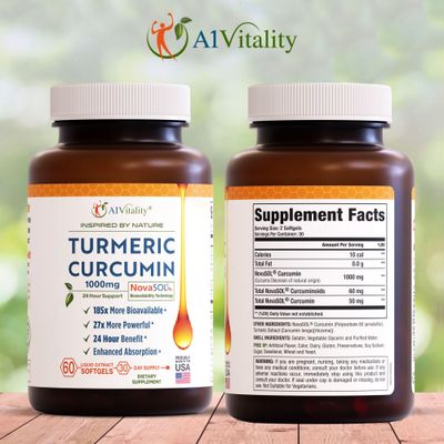 A1Vitality Turmeric Curcumin NovaSOL 1000mg - Nature's Joint Support Supplements - 185x Bioavailable Than Standard Curcumin - Natural Softgels