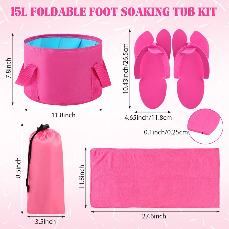 FillTouch 6 Sets Rose Red Foldable Foot Bath Kit 15L Collapsible Foot Soaking Tub Bathroom Towels Women Adult Foldable Slippers with Storage Bag Spa Soak Pedicure Bath for Travel Camping