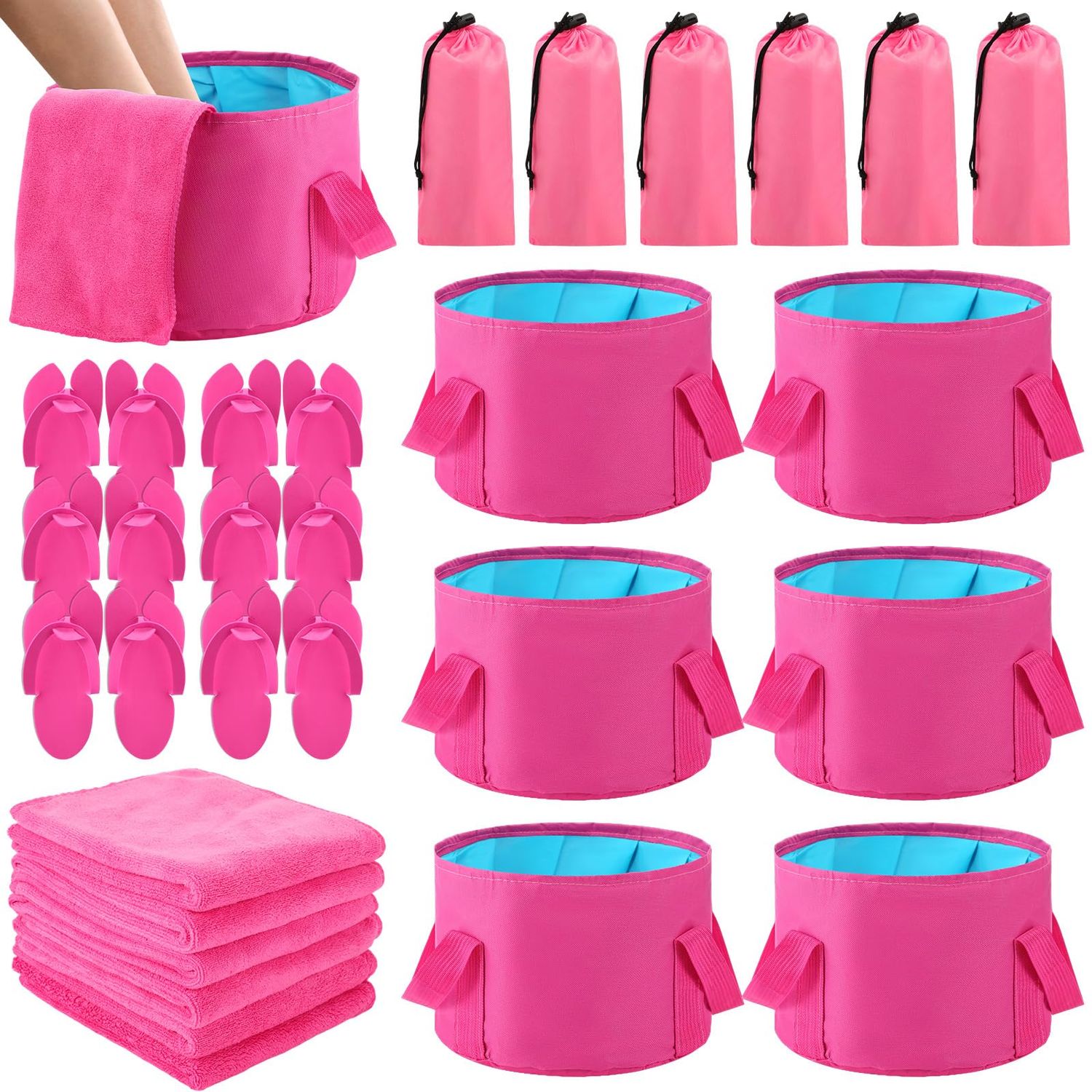 FillTouch 6 Sets Rose Red Foldable Foot Bath Kit 15L Collapsible Foot Soaking Tub Bathroom Towels Women Adult Foldable Slippers with Storage Bag Spa Soak Pedicure Bath for Travel Camping