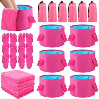 FillTouch 6 Sets Rose Red Foldable Foot Bath Kit 15L Collapsible Foot Soaking Tub Bathroom Towels Women Adult Foldable Slippers with Storage Bag Spa Soak Pedicure Bath for Travel Camping