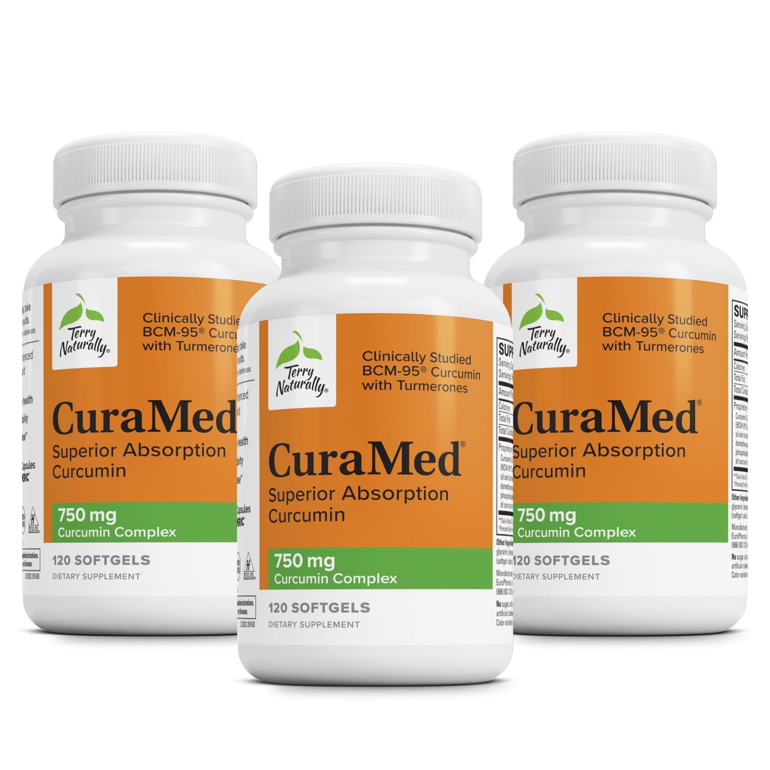 Terry Naturally CuraMed 750mg - Antioxidant Supplement for Brain &amp; Heart Health - Supplement with High-Potency Curcumin Complex - Kidney, Liver &amp; Immune Health Support - 120 Softgels Pack of 3