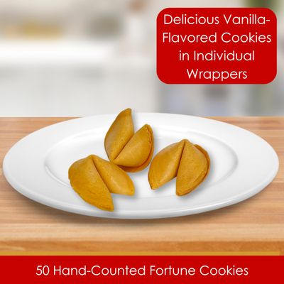 50 Fortune Cookies - Individually Wrapped with Fun, Traditional Fortunes, Lucky Numbers and Chinese Characters - Bundle of 50 Vanilla Cookies