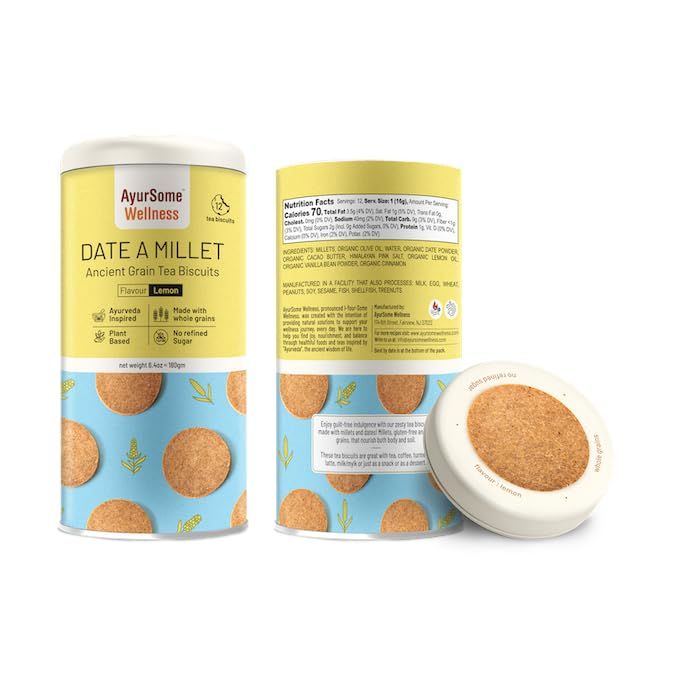 Date A Millet, Ancient Grain Tea Biscuits Whole Grain Millet Cookies, No Refined Sugar, Sweetened with powdered Dates, Plant based, Vegetarian, No Dairy, No Eggs 12 cookies tin