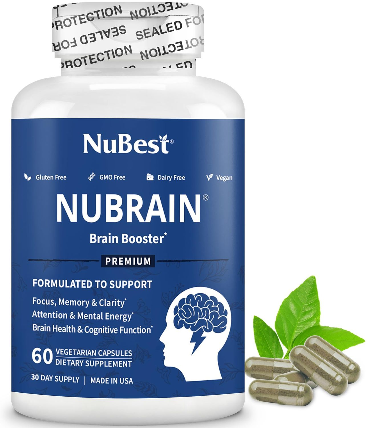 NuBrain Booster - Brain Supplement for Brain Booster, Memory, Focus &amp; Clarity Support with St. Johns Wort, Ginkgo Biloba, Bacopa &amp; More - Premium Nootropic Brain Supplement - 60 Vegan Capsules