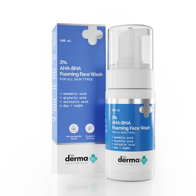 The Derma Co 3 AHA-BHA Foaming Face Wash for All Skin Types Gently Exfoliates &amp; Controls Acne Oil-Free Facial Buildup Cleanser 3.38 Fl Oz100ml