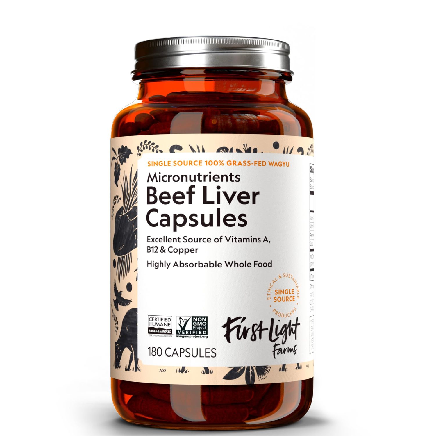 First Light Farms Grass-Fed Beef Liver Capsules Nutrient-Dense Whole Food Nutrition, Freeze-Dried, Grassfed &amp; Certified Humane 180 Capsules for Energy, Immunity, and Overall Wellness