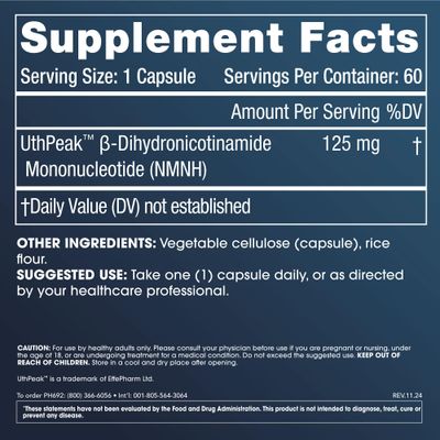 Pure NMNH Dihydronicotinamide Mononucleotide 125 mg Sustained NAD Boost 3rd Party Lab Tested