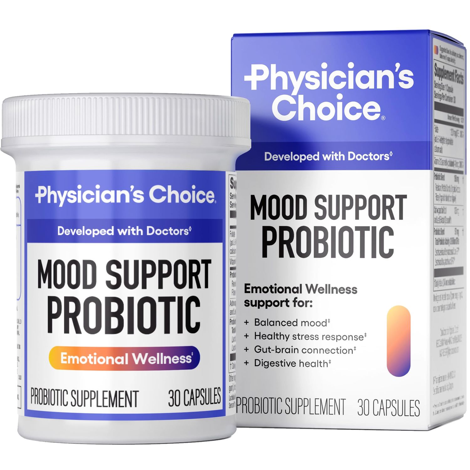 Physician&#39;s CHOICE Mood Support Probiotic - Supports a Balanced Mood, Healthy Stress Response &amp; Digestive Health with Prebiotics, Ashwagandha, Vitamin B12, Folate - for Men &amp; Women - 30ct