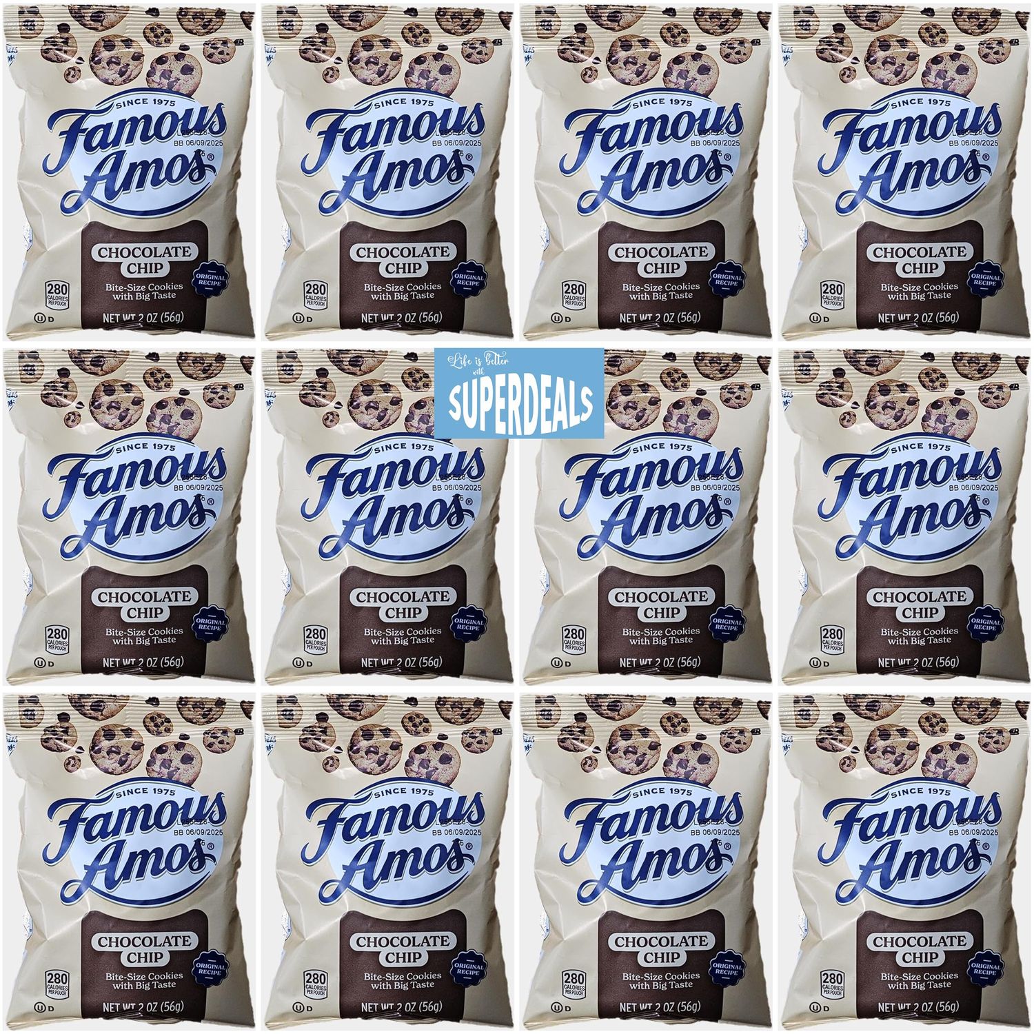 Famous Amos Classic Chocolate Chip Cookies, 2 Ounce Bag Pack of 12 bundled by SUPERDEALS with Mystery Gift