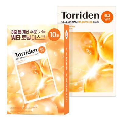 Torriden CELLMAZING Vita C Sheet Mask 10 sheets Extra Glowing Care Improving overall skin tone and complextion for a lasting radiance 5D Vitamin C, Niacinamide, Glutathione Korean Face Mask