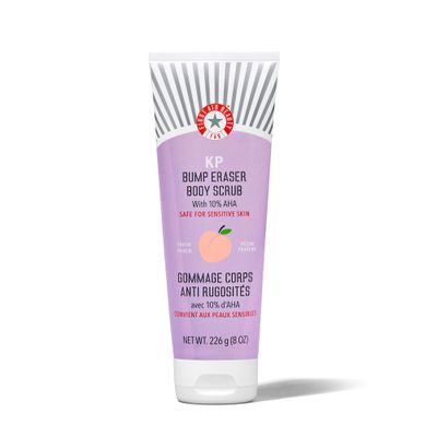 First Aid Beauty - KP Bump Eraser Body Scrub with 10 AHA, Keratosis Pilaris Exfoliator with Glycolic and Lactic acids, Helps Reduce Chicken Skin Bumps, Safe for Sensitive Skin, NEW Peach Scent 8 oz