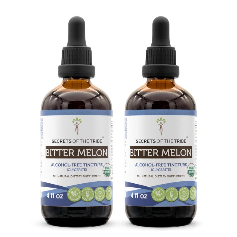 Secrets of the Tribe Bitter Melon USDA Organic Alcohol-Free Extract, High-Potency Herbal Drops Made from 100 Certified Organic Bitter Melon Momordica Charantia Dried Fruit 2x4 oz