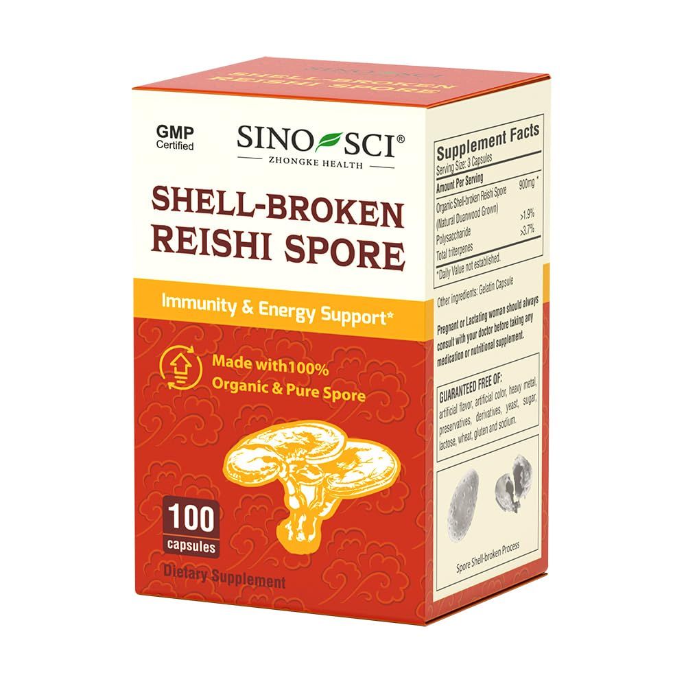 Sino-Sci Shell-Broken Reishi Mushroom Spore Supplement, Support Immune, Liver Health &amp; Energy Booster, 100 Caps 1 Bottle