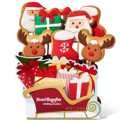 BomBombs, Christmas Cookie Bouquet, Individually Wrapped Sugar Cookies on Sticks &amp; Sleigh Shaped Display Tray, Perfect for Holiday Parties, Set of 8