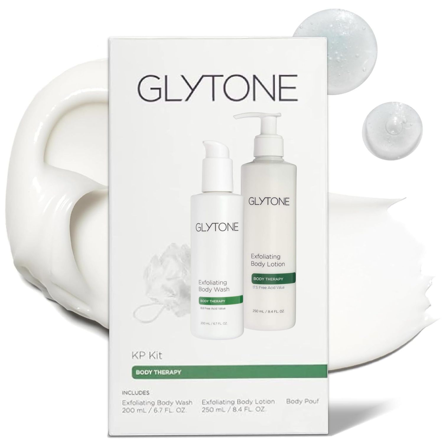 Glytone KP Kit - Exfoliating Body Wash, Glycolic Acid Lotion &amp; Shower Pouf for Keratosis Pilaris - Smooth Rough Bumpy Skin, Fragrance-Free Skincare Routine for Dry Skin &amp; Chicken Skin - Routine Kit